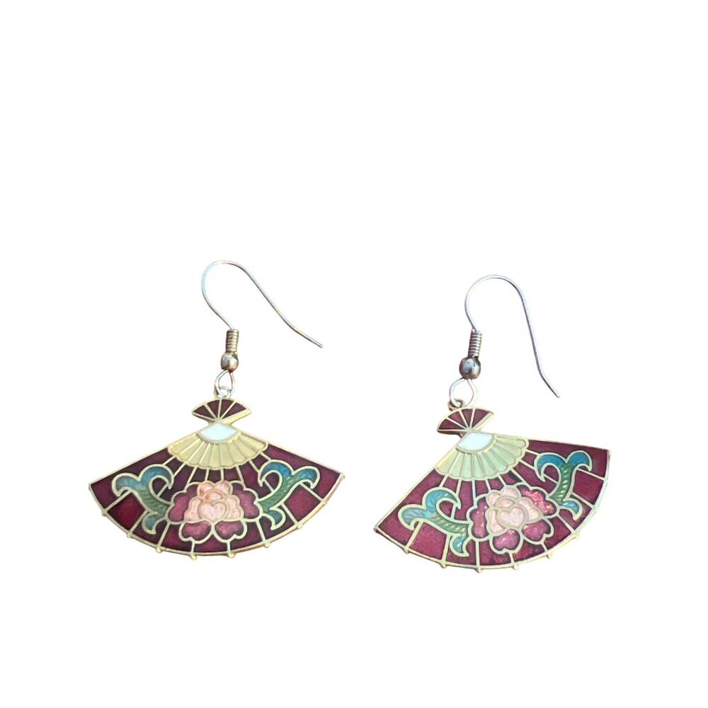 Vintage Fan-Shaped Enamel Cloisonné Earrings Gold Tone Floral Hook Estate 1.5"